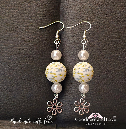 Yellow Floral and Pearl Earrings