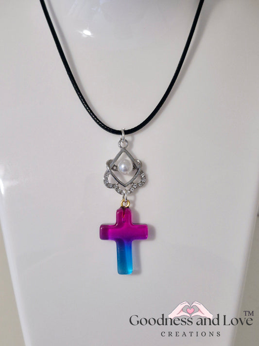 Rhinestone Pearl Purple Cross Necklace