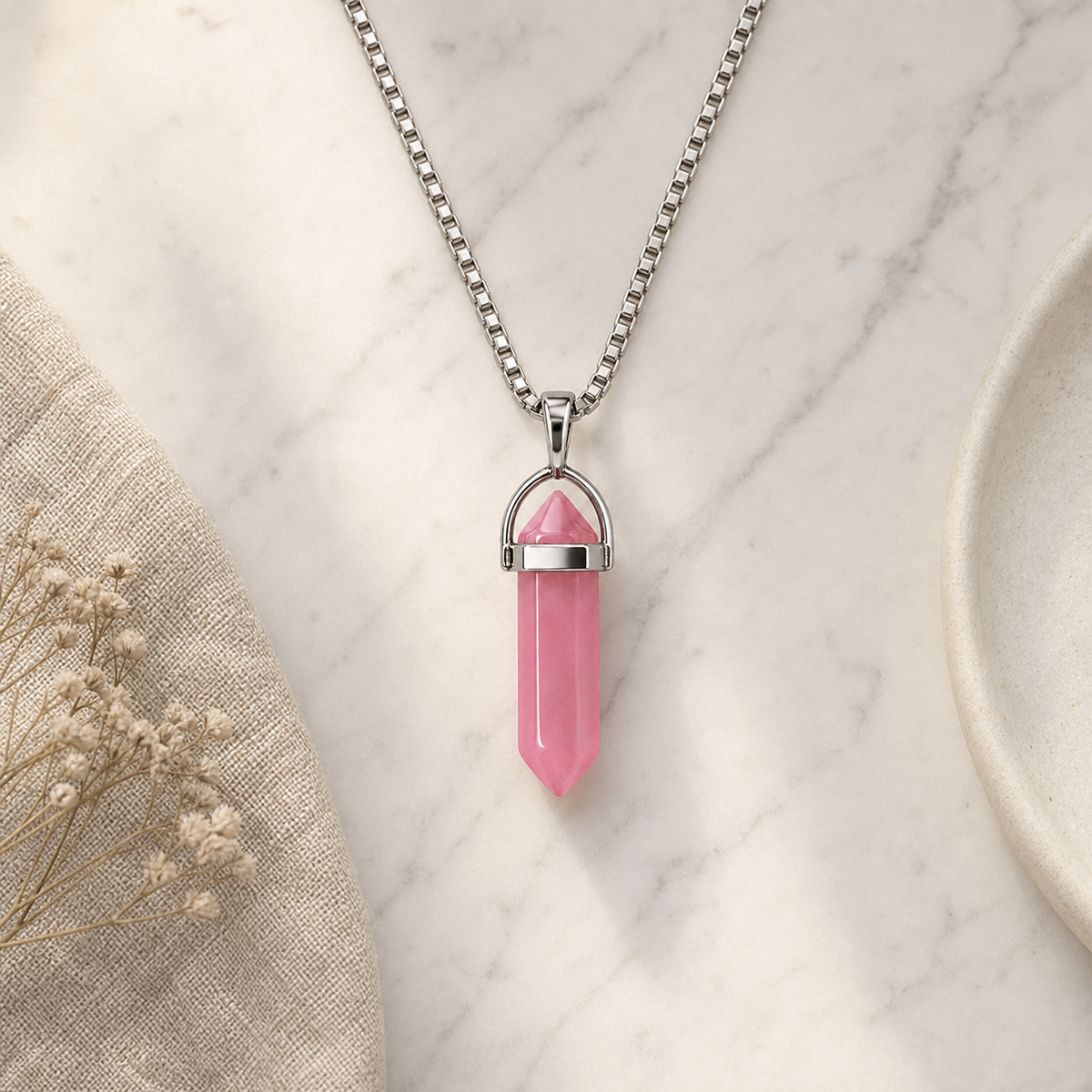 Silver Pink Faceted Pendant Necklace,Studio7Fashion