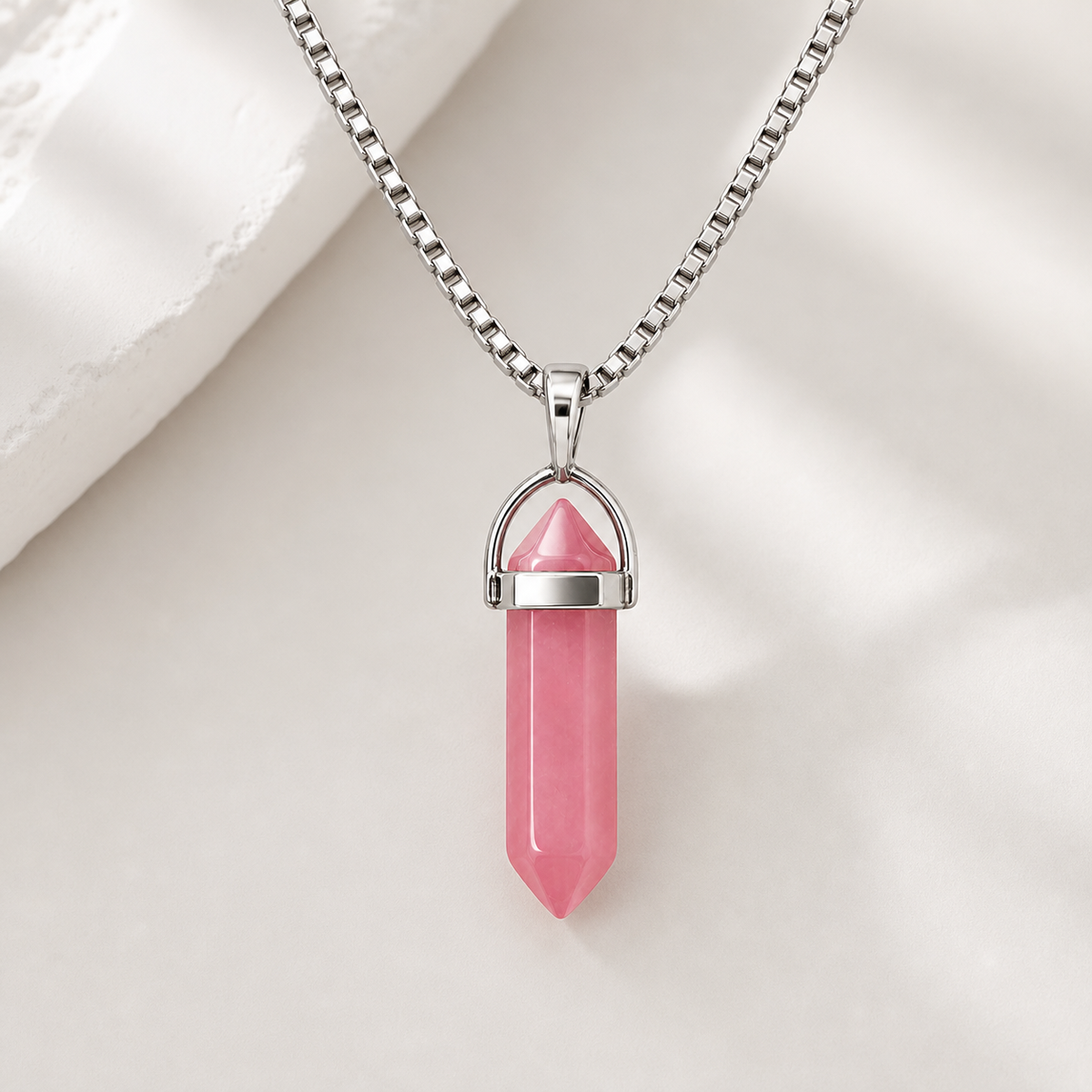 necklace, pendant necklace, silver necklace, pink jewelry, faceted pendant, geometric jewelry, women's accessories, unisex jewelry, everyday wear, gift,Studio7Fashion