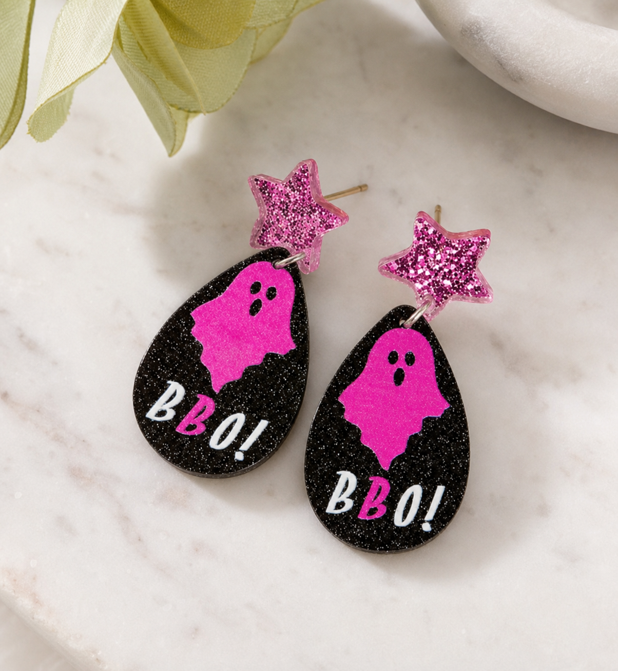 Pink Ghost Glitter Star Drop Earrings,Studio7Fashion