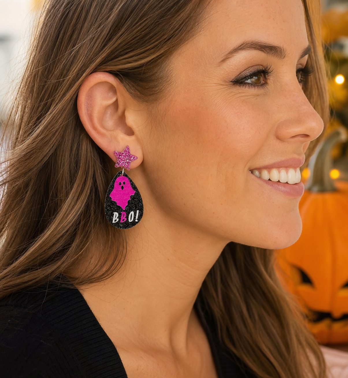 Pink Ghost Glitter Halloween Earrings,Studio7Fashion