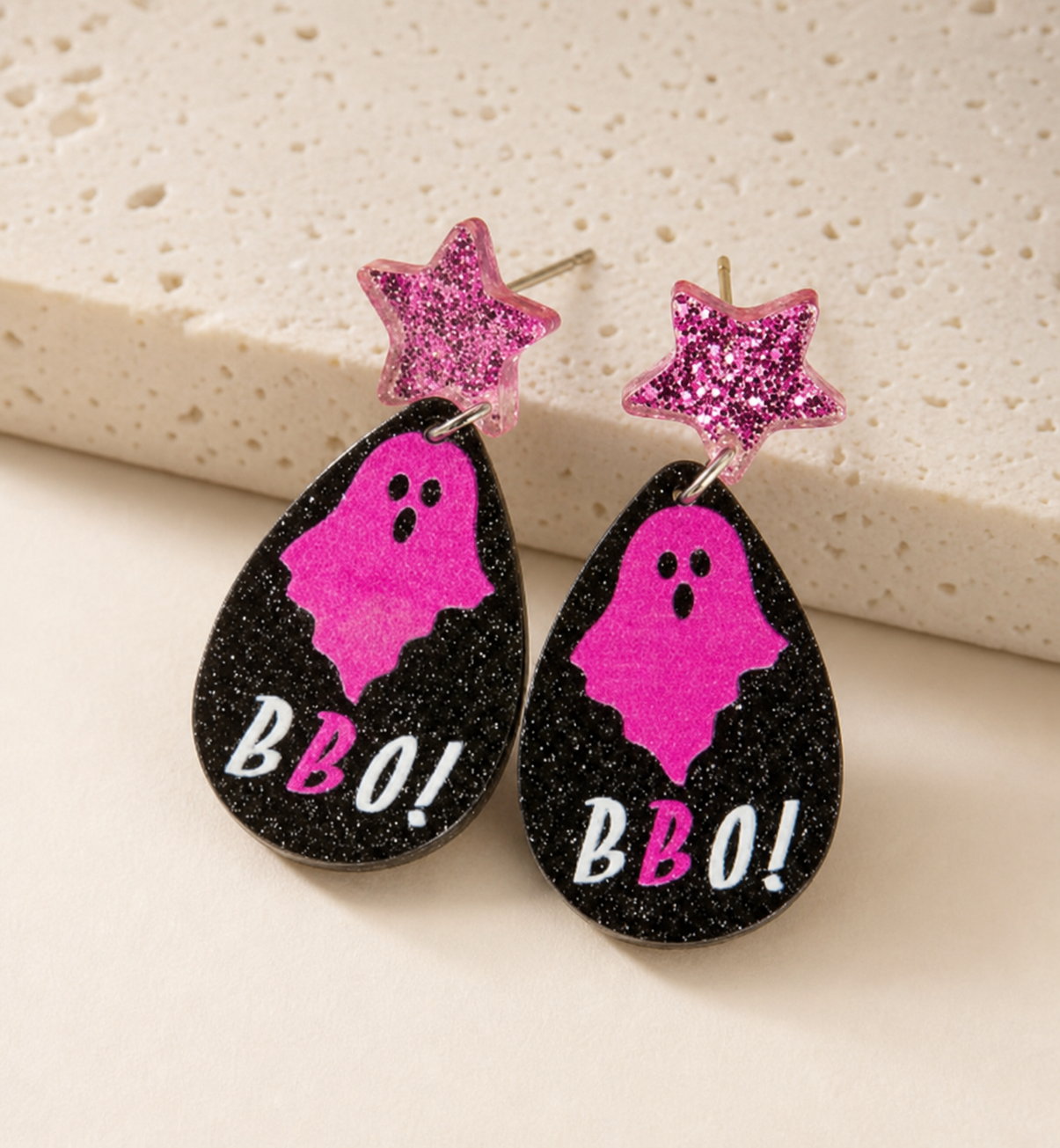 earrings, Halloween earrings, ghost earrings, pink earrings, glitter earrings, star earrings, drop earrings, seasonal jewelry, statement earrings, Halloween gift,Studio7Fashion