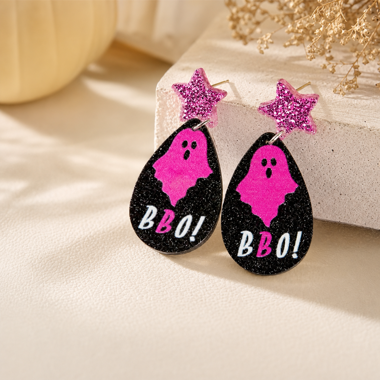 Pink Ghost Glitter Star Drop Earrings,Studio7Fashion