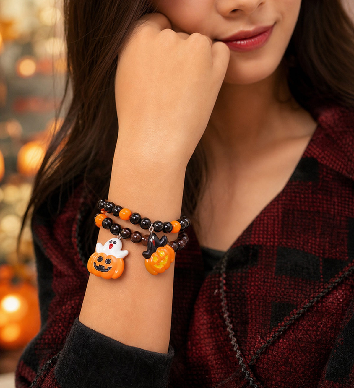 Halloween Pumpkin and Ghost Beaded Bracelet,Studio7Fashion