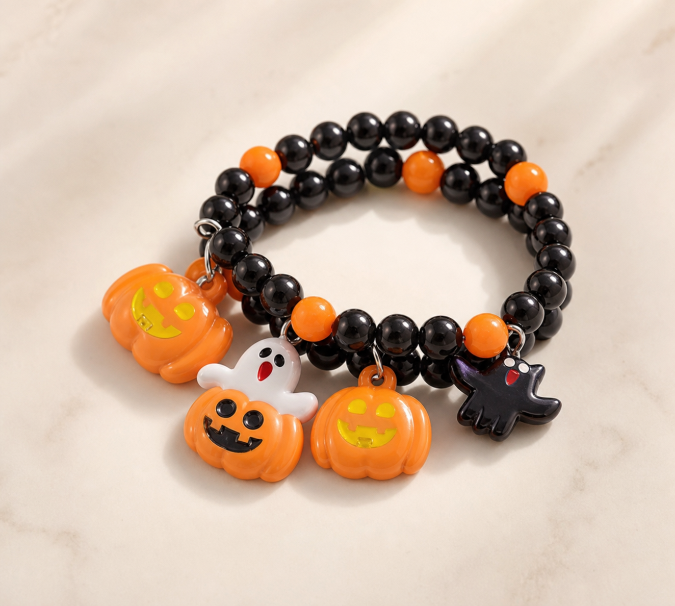 bracelet, beaded bracelet, Halloween jewelry, pumpkin jewelry, ghost jewelry, black and orange, fall accessories, Halloween gift, party accessories, elastic bracelet,Studio7Fashion
