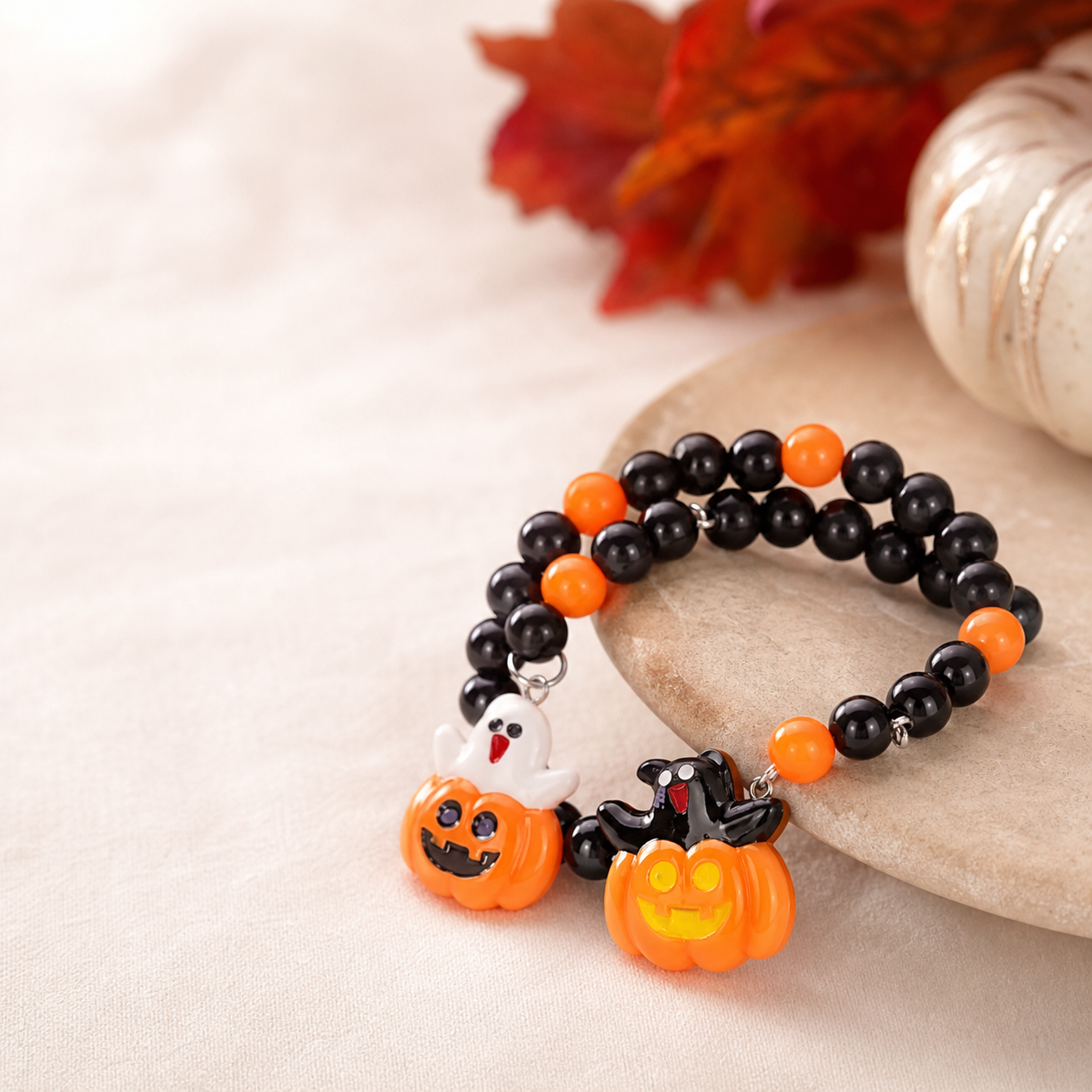 Halloween Pumpkin & Ghost Beaded Bracelet,Studio7Fashion