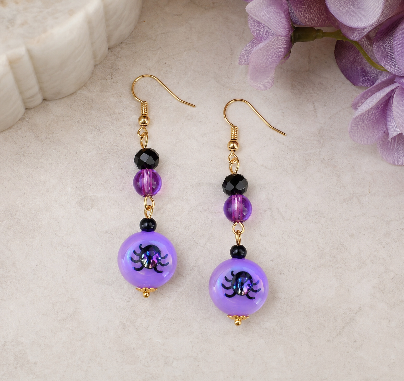 Purple Floral Beaded Drop Earrings,Studio7Fashion