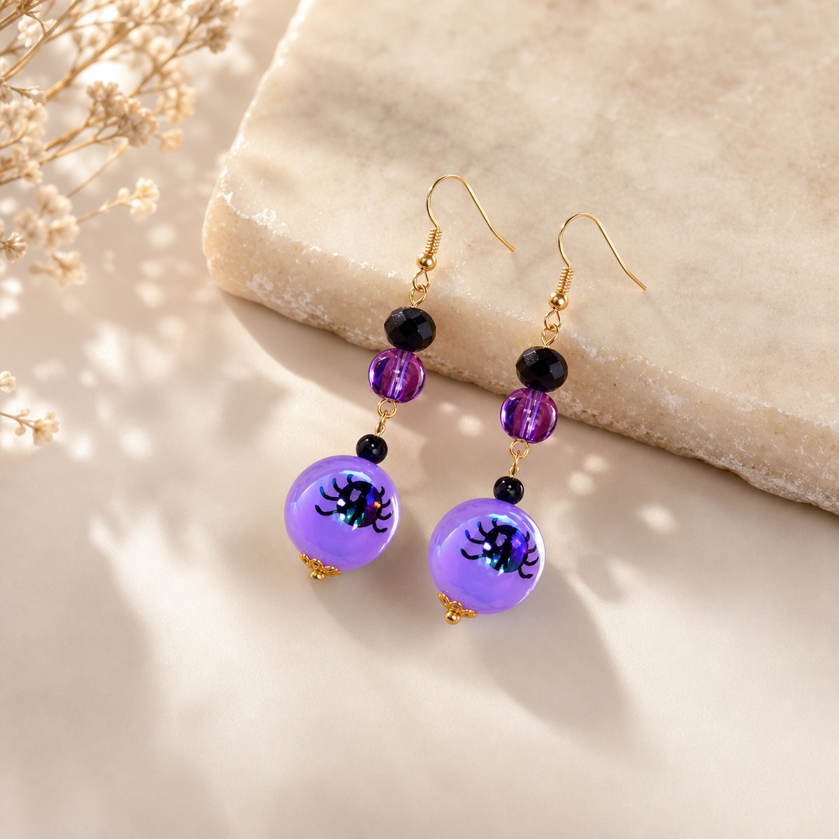 Purple Floral Beaded Drop Earrings,Studio7Fashion