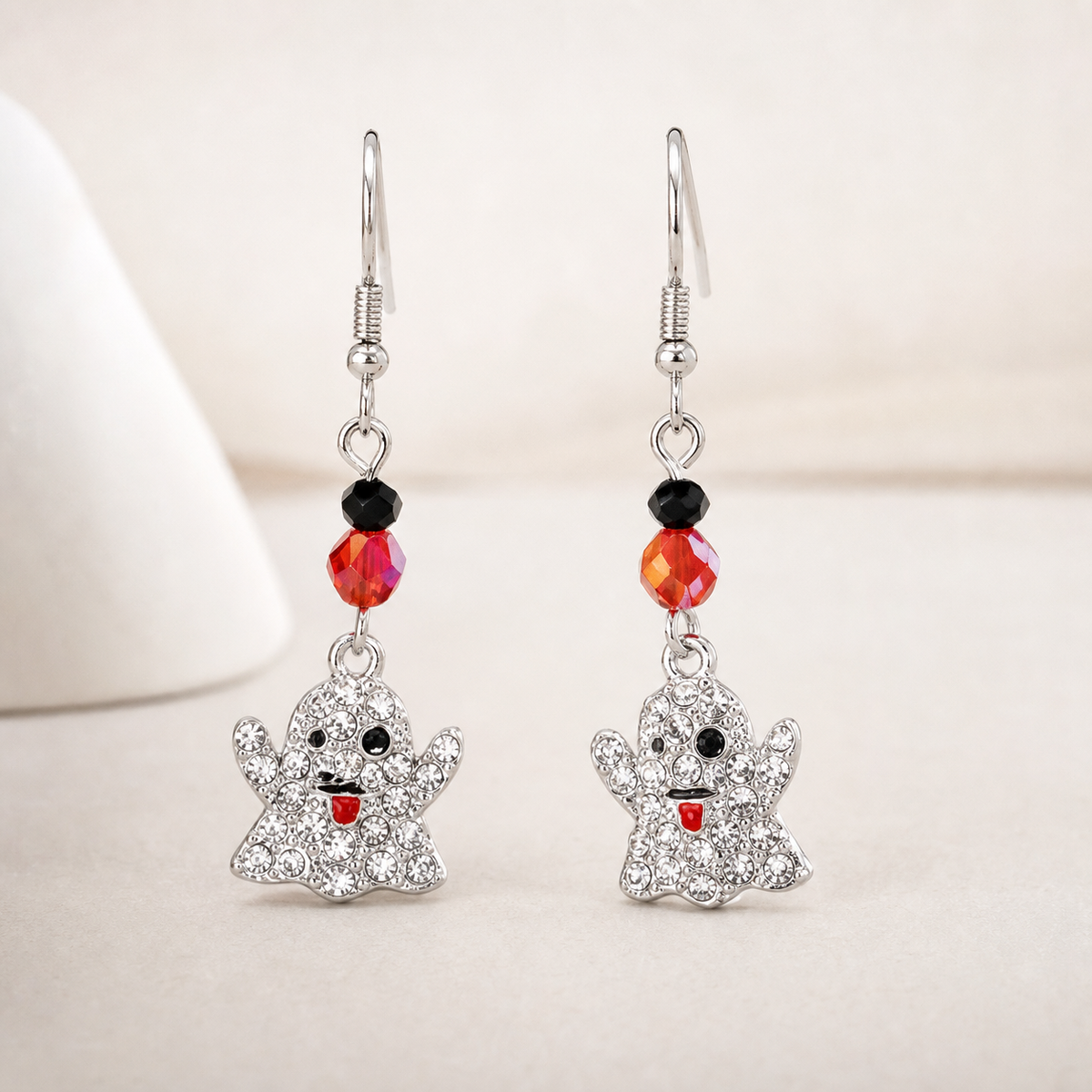 earrings, drop earrings, angel earrings, silver-tone earrings, red beads, black beads, dangling earrings, women's jewelry, gift, everyday wear,Studio7Fashion