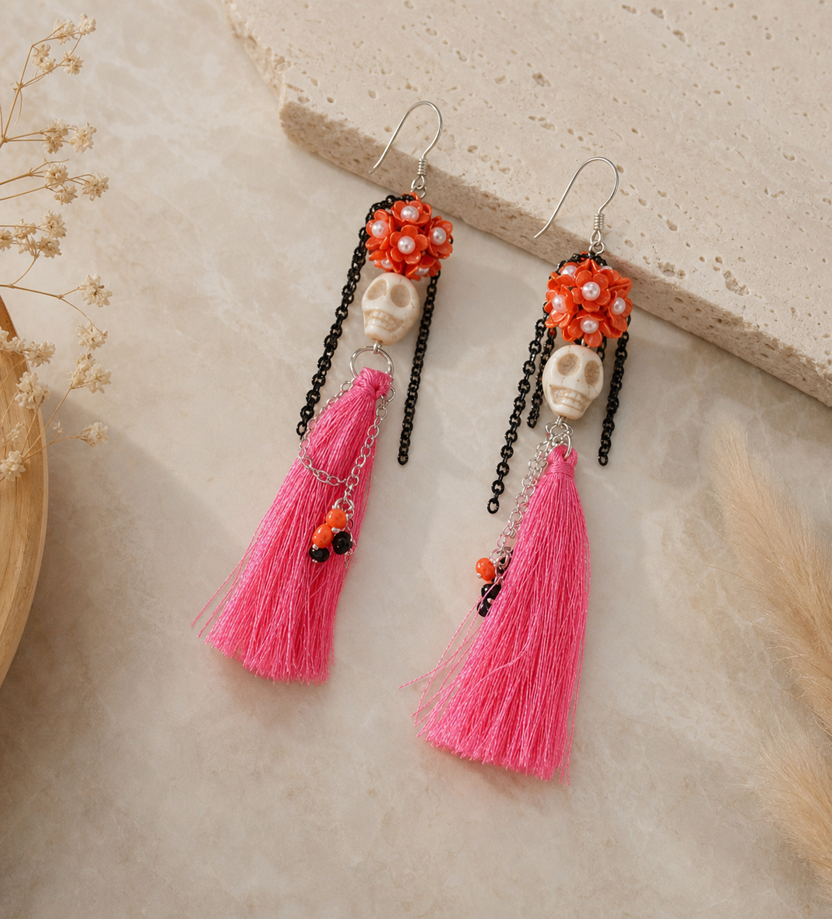Pink Tassel Floral Dangle Earrings,Studio7Fashion