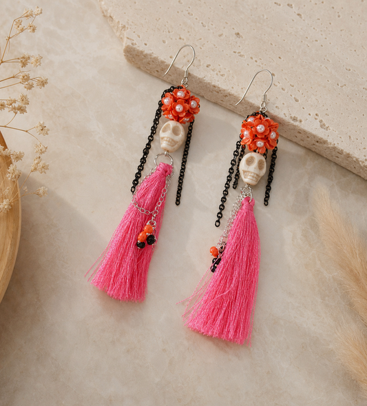 Pink Tassel Floral Dangle Earrings,Studio7Fashion