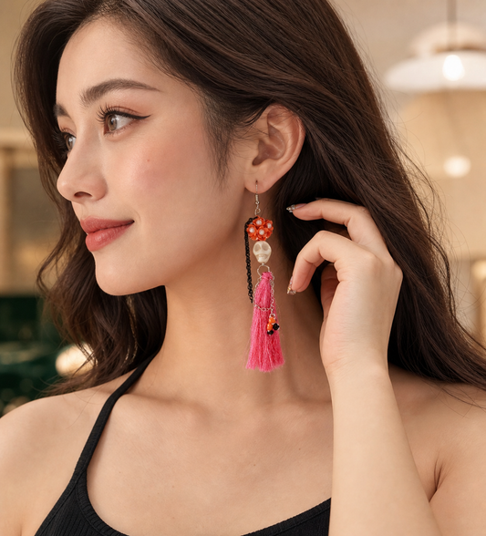 Pink Tassel Floral Dangle Earrings | Studio7Fashion,Studio7Fashion