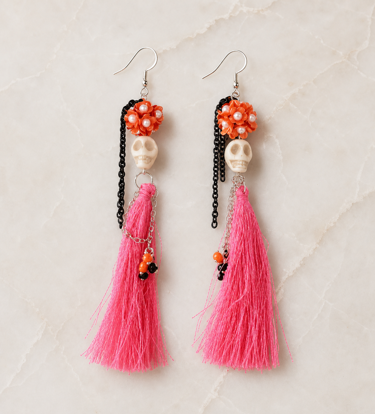 earrings, dangle earrings, tassel earrings, pink earrings, floral earrings, orange earrings, statement earrings, colorful jewelry, women's accessories, gift, party,Studio7Fashion