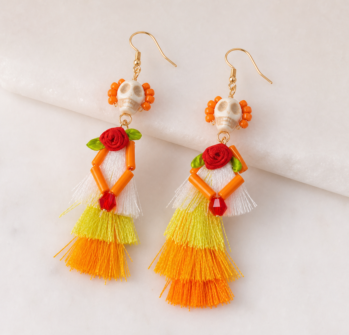 earrings, dangle earrings, tassel earrings, colorful earrings, skull motif, floral earrings, statement earrings, orange earrings, red earrings, yellow earrings, women's accessories, gift,Studio7Fashion