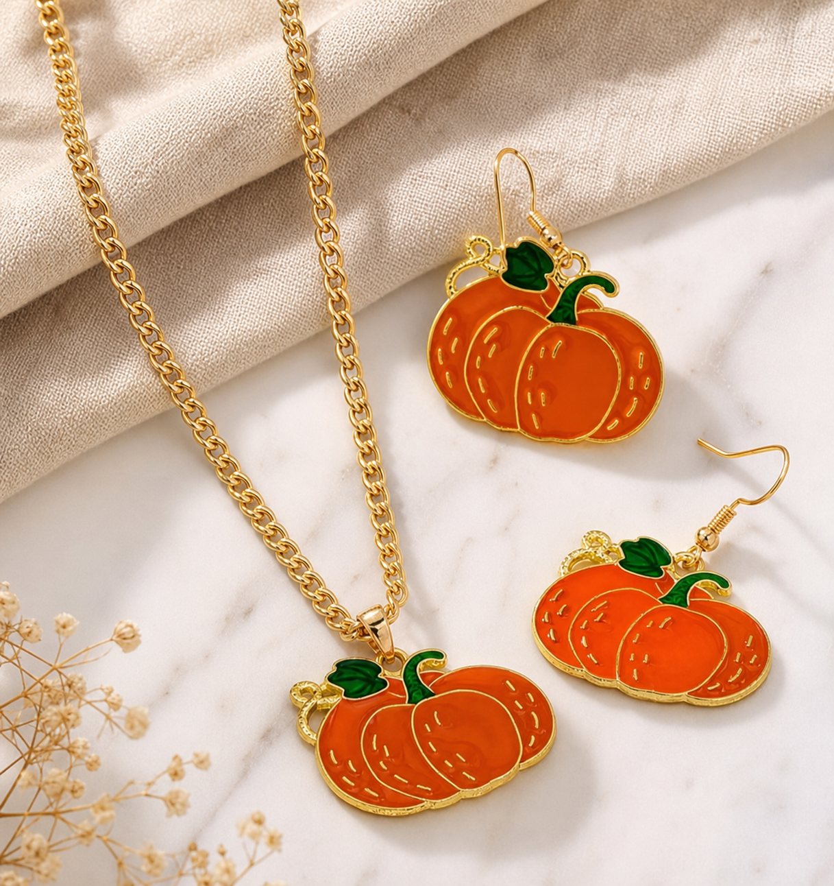 Pumpkin Necklace and Earrings Jewelry Set,Studio7Fashion