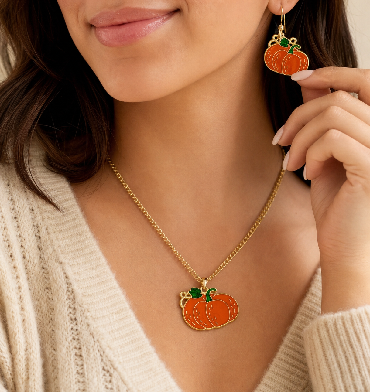 Pumpkin Necklace and Earrings Jewelry Set,Studio7Fashion