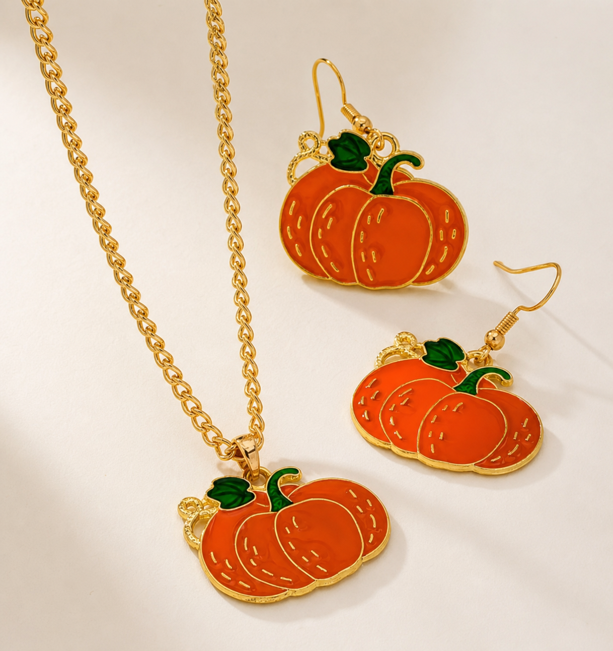 jewelry set, pumpkin jewelry, pumpkin necklace, pumpkin earrings, fall jewelry, orange jewelry, green jewelry, gold-tone jewelry, seasonal accessories, gift,Studio7Fashion