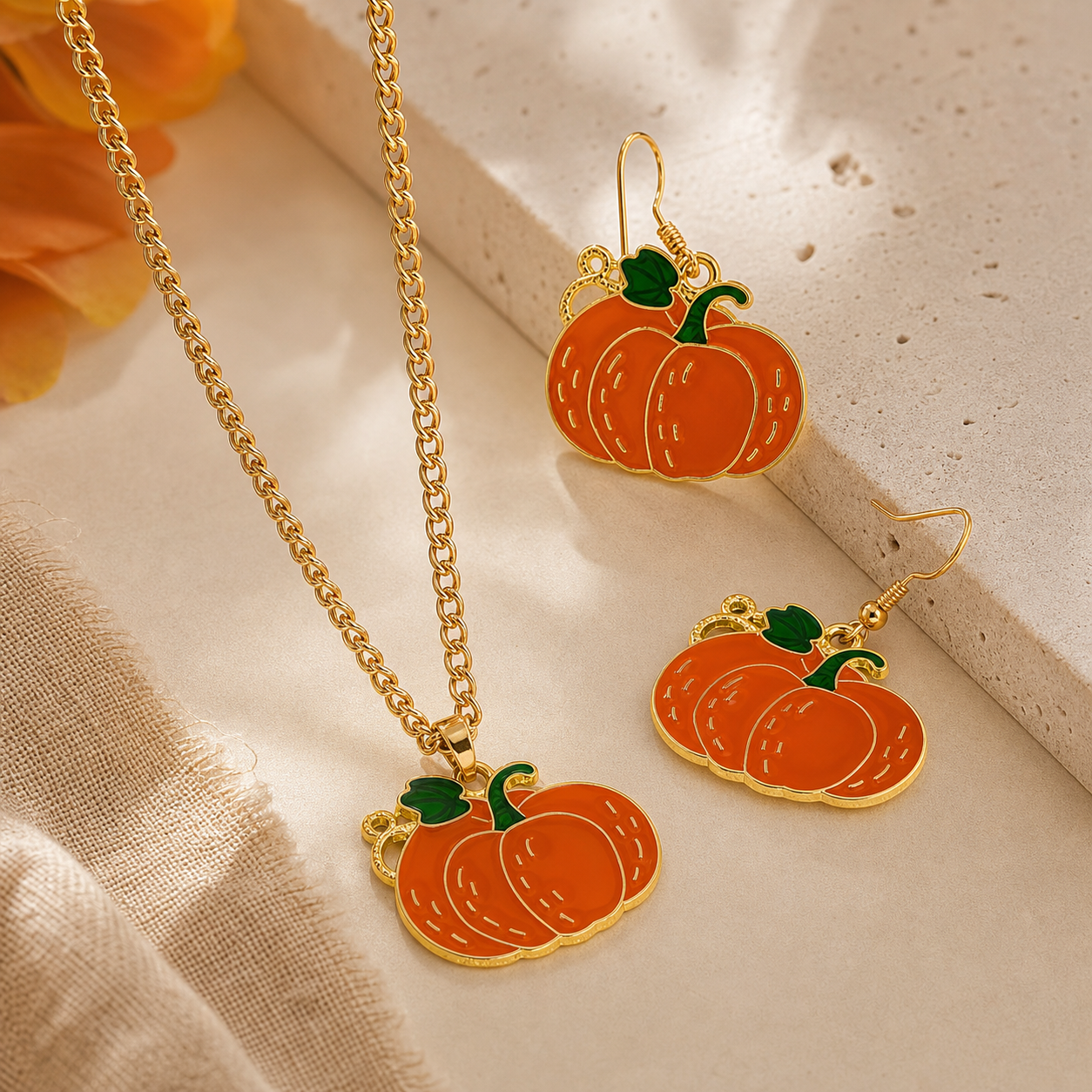 Pumpkin Necklace and Earrings Jewelry Set,Studio7Fashion
