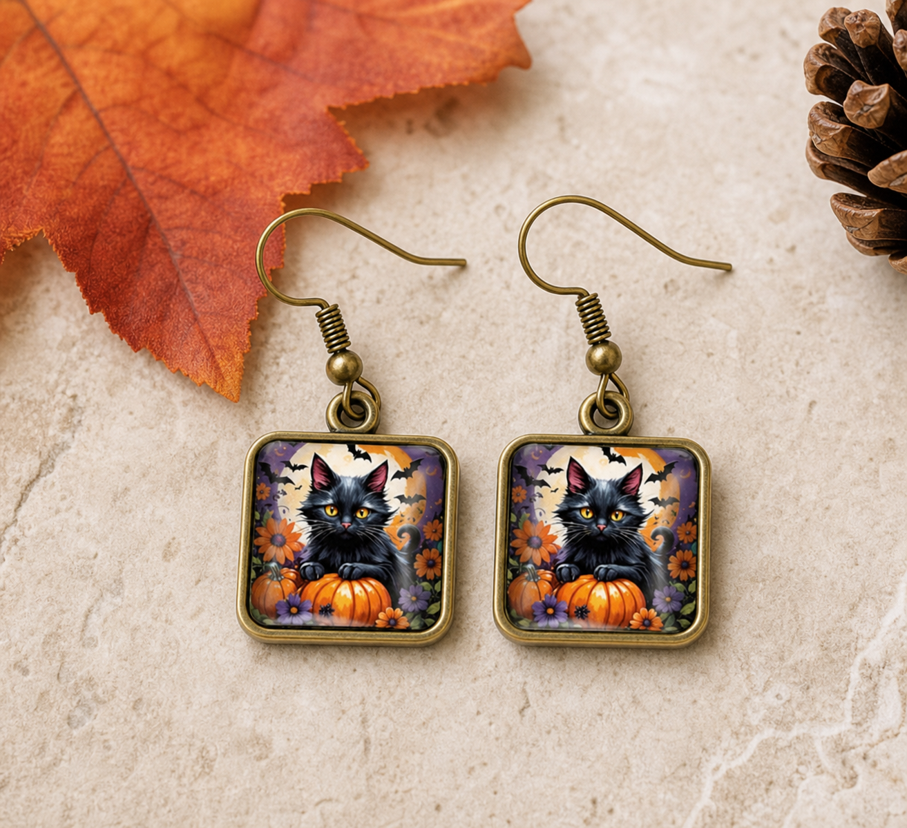 Black Cat Pumpkin Halloween Earrings,Studio7Fashion