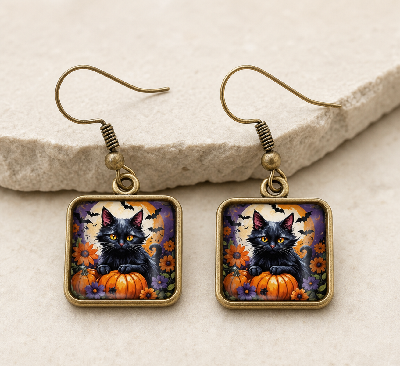 earrings, Halloween earrings, black cat jewelry, pumpkin earrings, fall jewelry, seasonal jewelry, cat lover gift, Halloween gift, orange and purple jewelry,Studio7Fashion