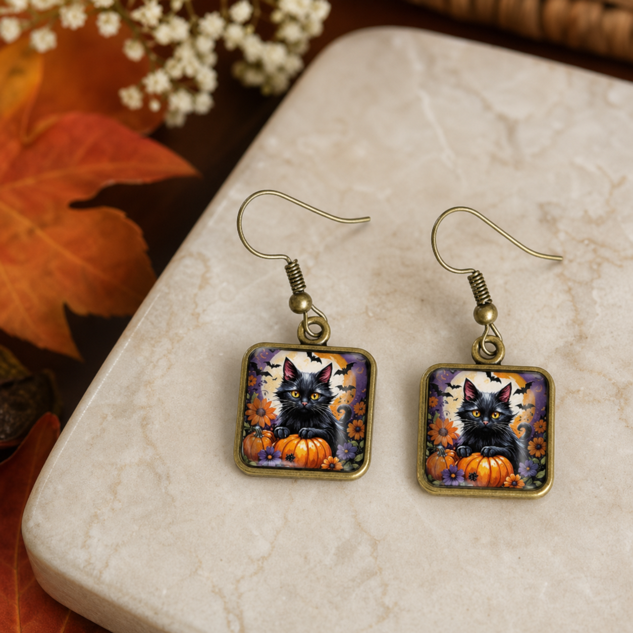 Black Cat Pumpkin Halloween Earrings,Studio7Fashion