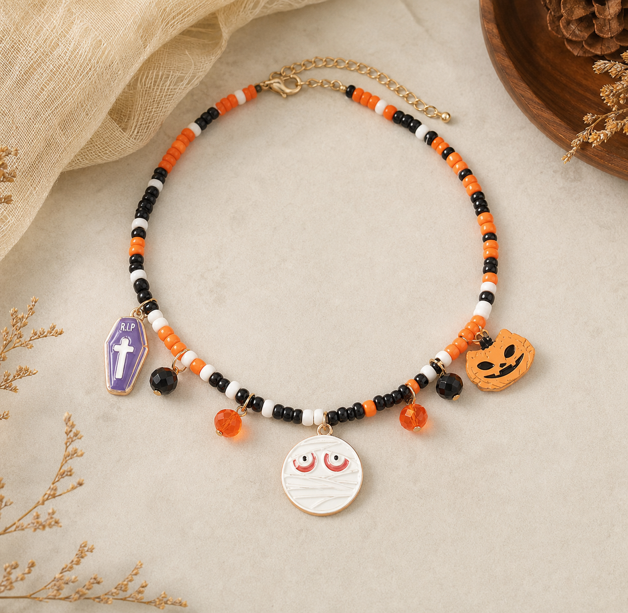 Orange, Black & White Halloween Charm Beaded Necklace,Studio7Fashion