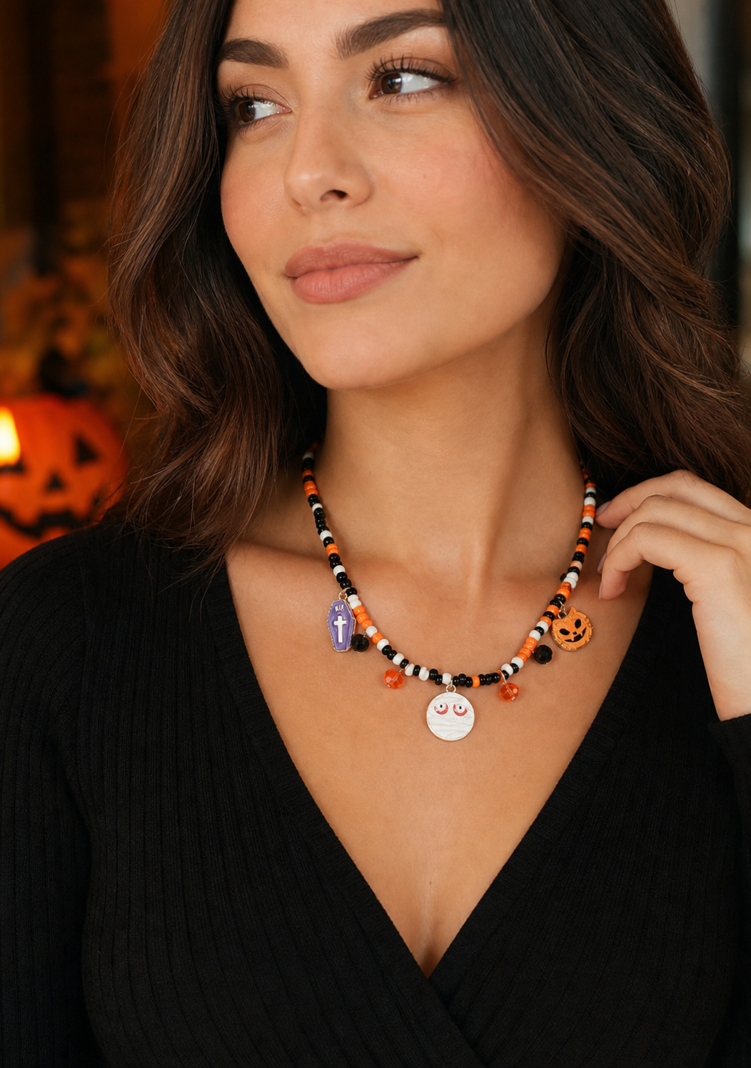 Halloween Beaded Charm Necklace in Orange, Black & White,Studio7Fashion