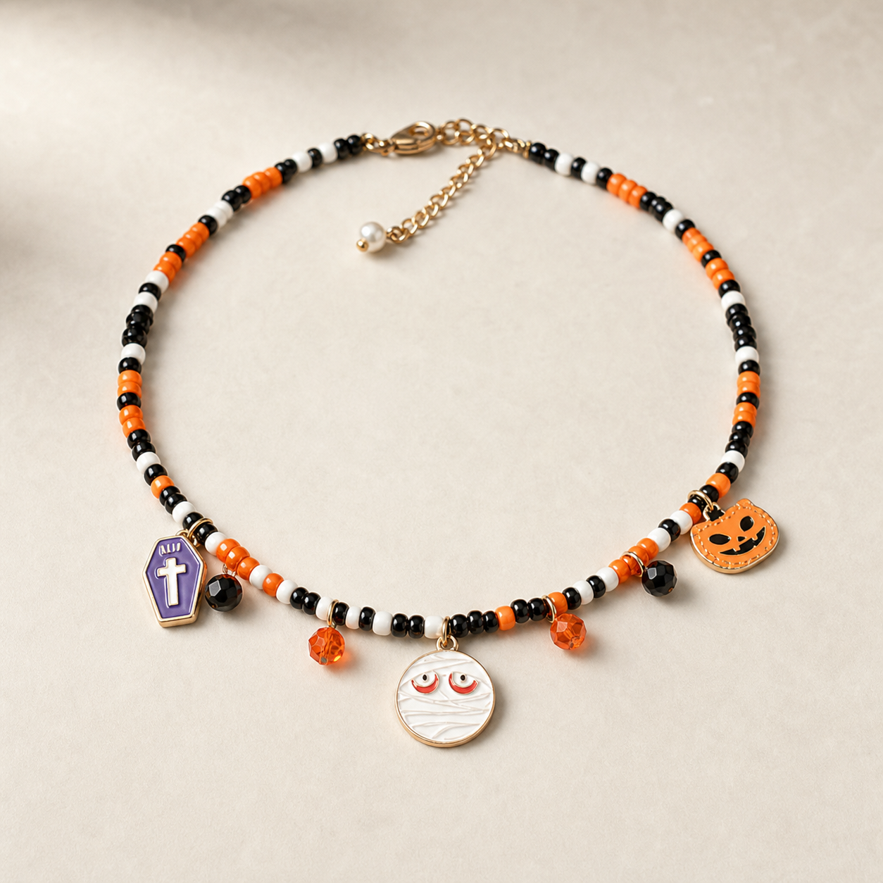 necklace, beaded necklace, charm necklace, Halloween jewelry, Halloween accessory, orange jewelry, black jewelry, white jewelry, faith jewelry, gift,Studio7Fashion