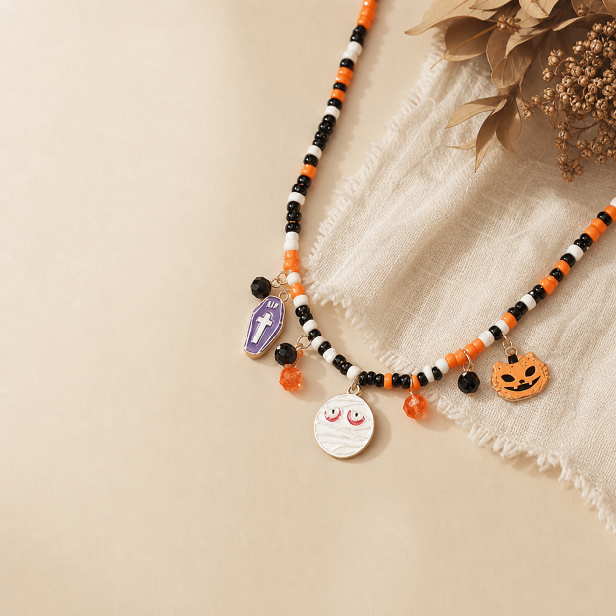 Orange, Black & White Halloween Charm Beaded Necklace,Studio7Fashion