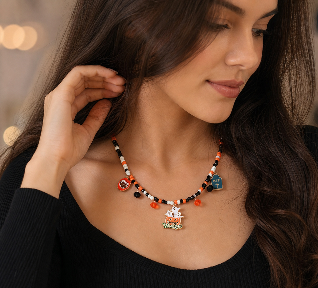 Wicked Black, White & Orange Beaded Necklace,Studio7Fashion
