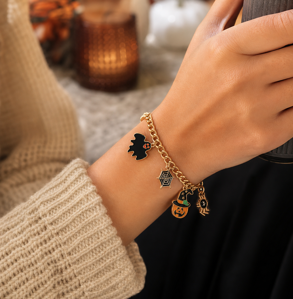 Halloween Charm Bracelet | Gold-Tone Spooky Jewelry,Studio7Fashion