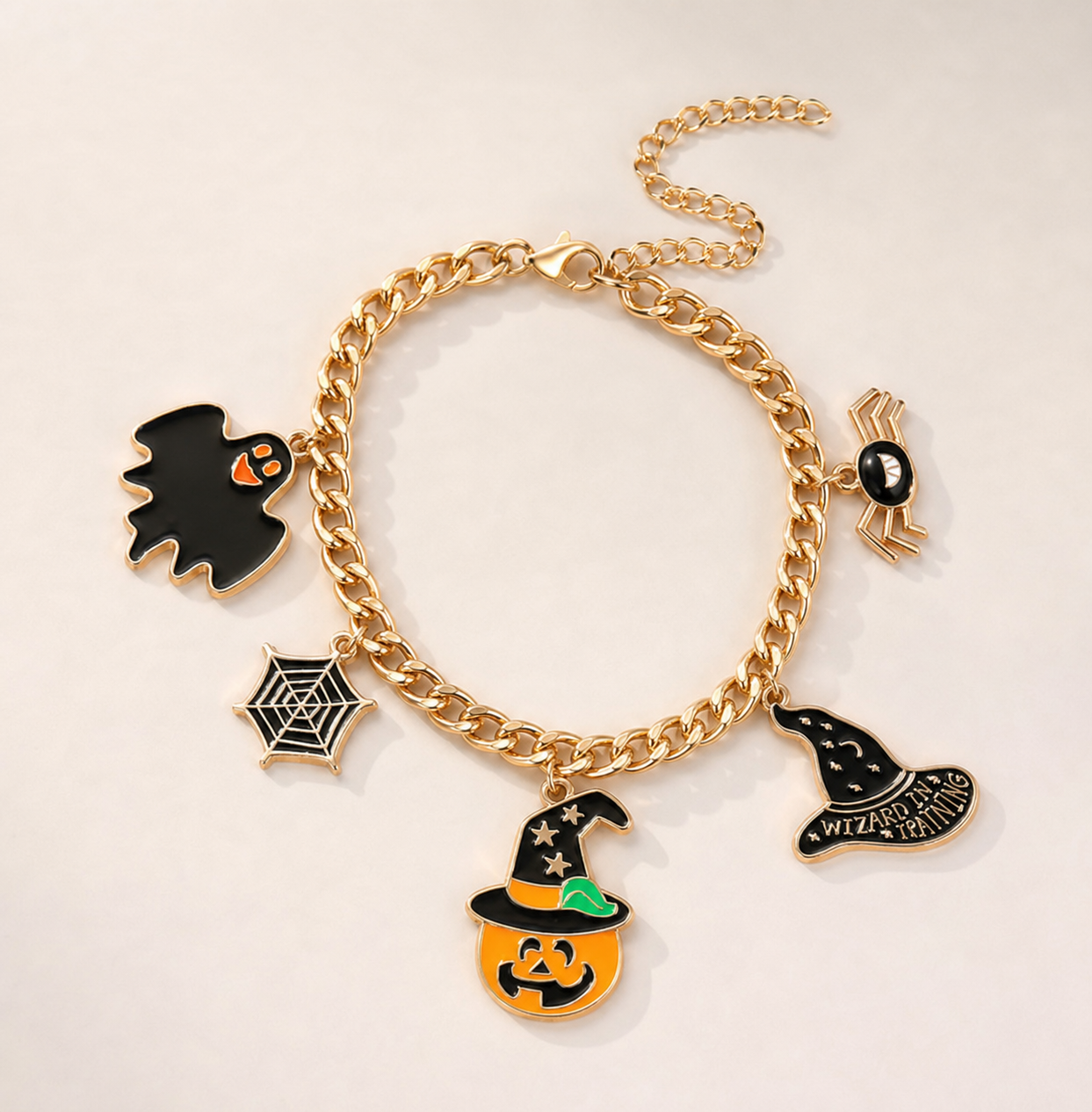 bracelet, Halloween bracelet, charm bracelet, spooky jewelry, Halloween jewelry, gold-tone bracelet, black jewelry, orange jewelry, witch jewelry, pumpkin jewelry, fall accessories, gift,Studio7Fashion