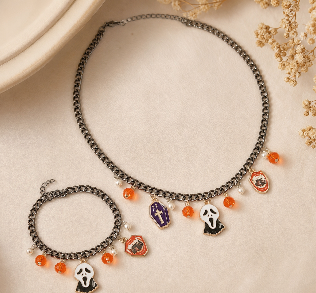 Ghost & Cross Necklace and Bracelet Jewelry Set,Studio7Fashion