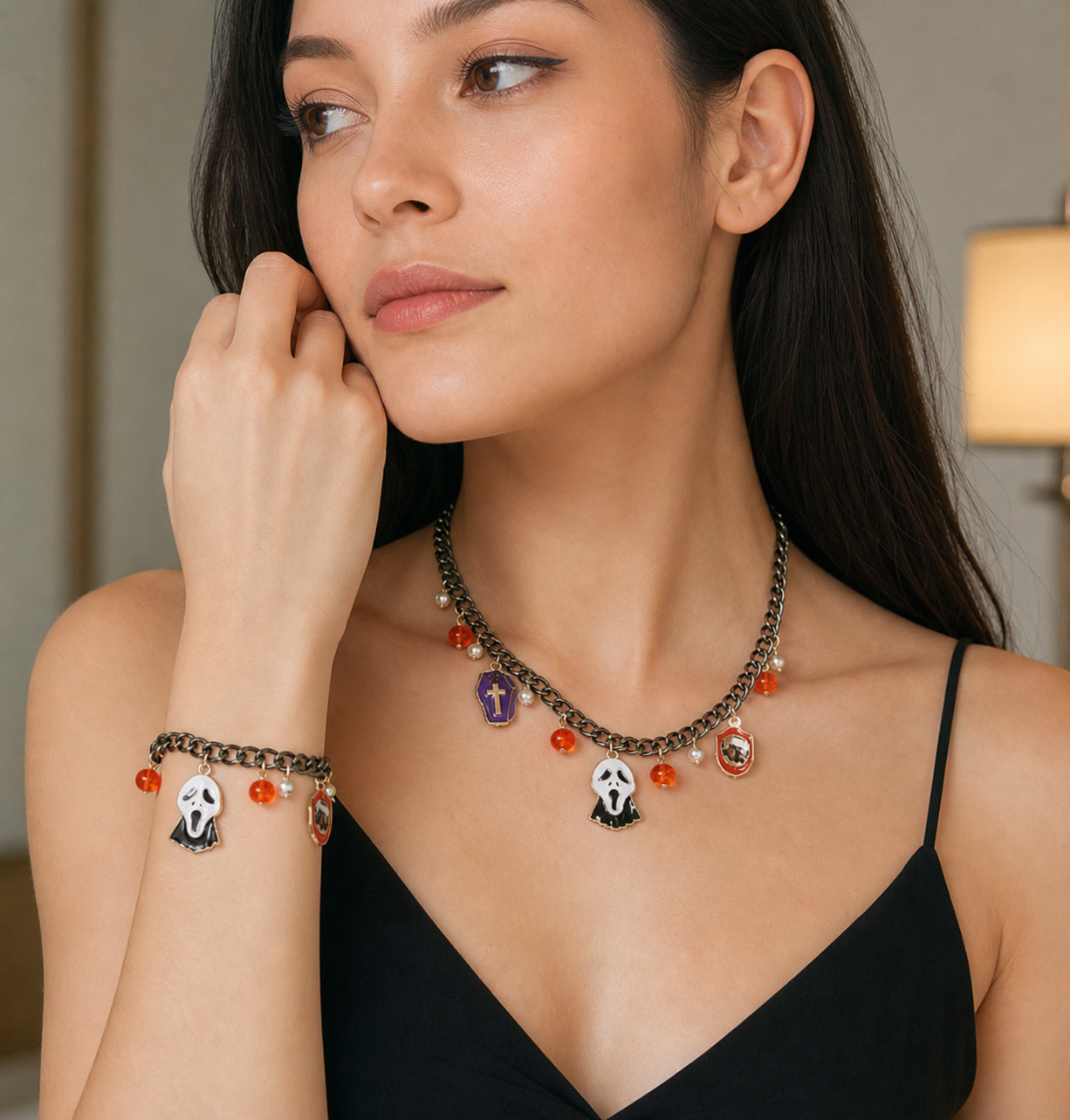 Ghost & Cross Necklace and Bracelet Jewelry Set,Studio7Fashion