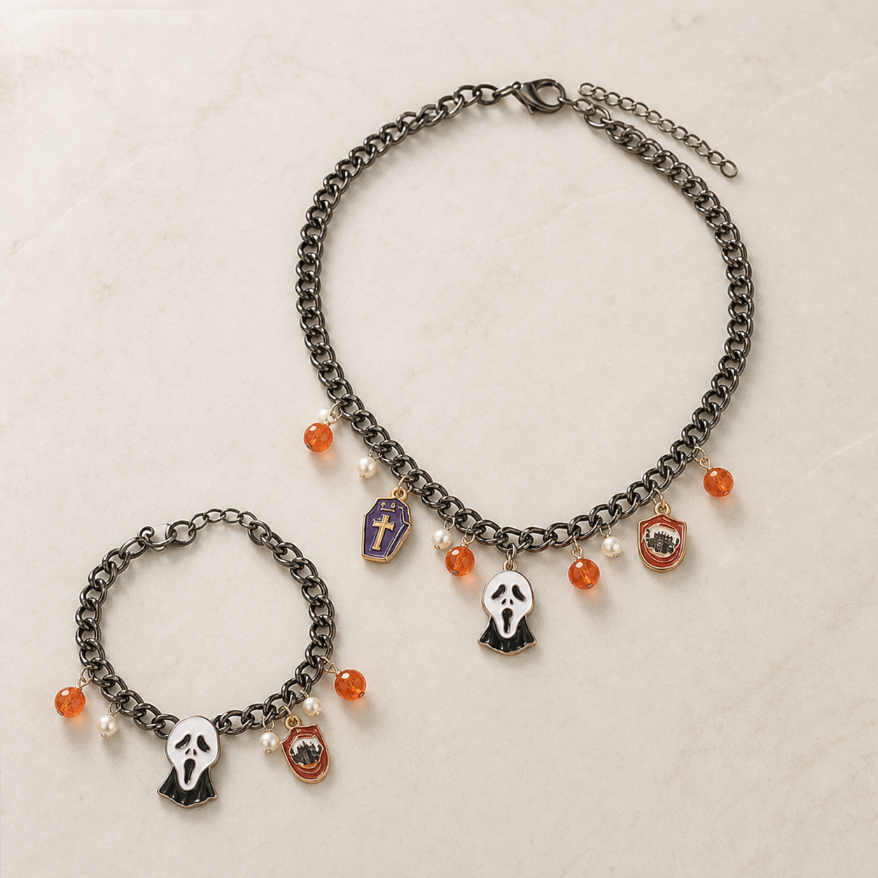 jewelry set, necklace and bracelet set, ghost jewelry, cross jewelry, faith jewelry, black jewelry, orange accents, purple jewelry, statement jewelry, gift,Studio7Fashion