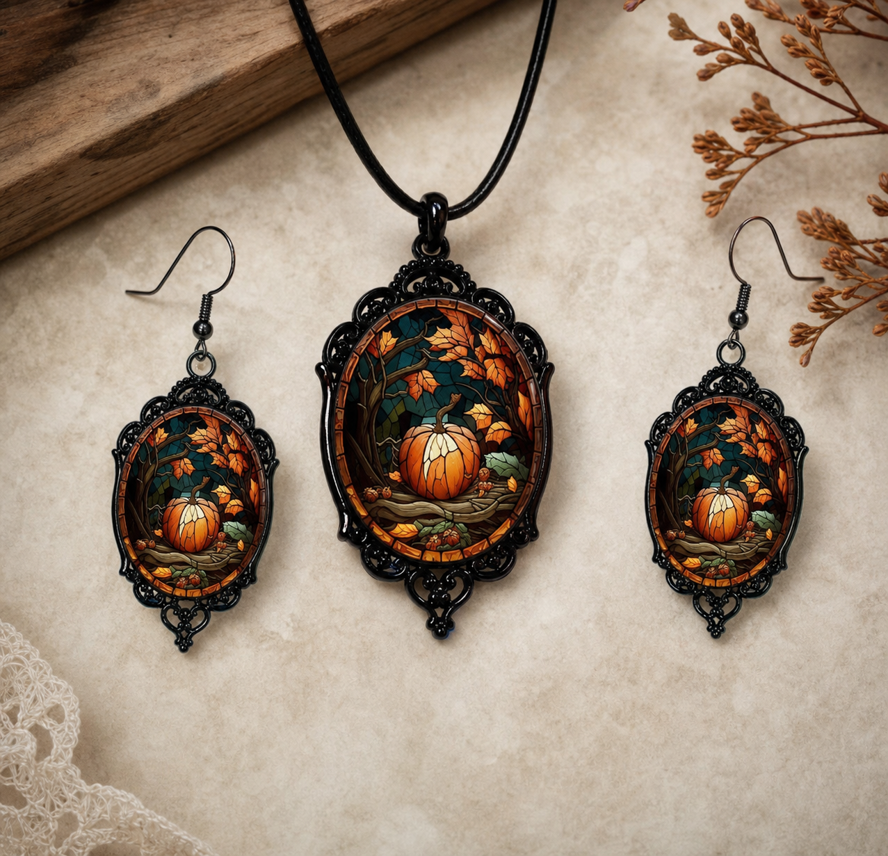 Pumpkin Stained Glass 3-Piece Jewelry Set,Studio7Fashion