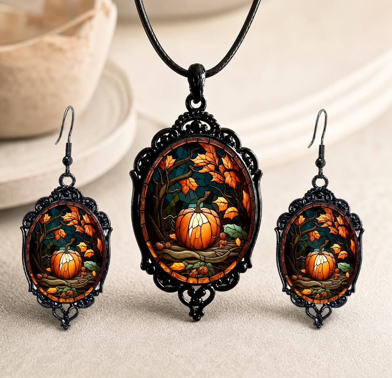 jewelry set, pumpkin jewelry, stained glass style, fall jewelry, autumn accessories, drop earrings, pendant necklace, gift,Studio7Fashion
