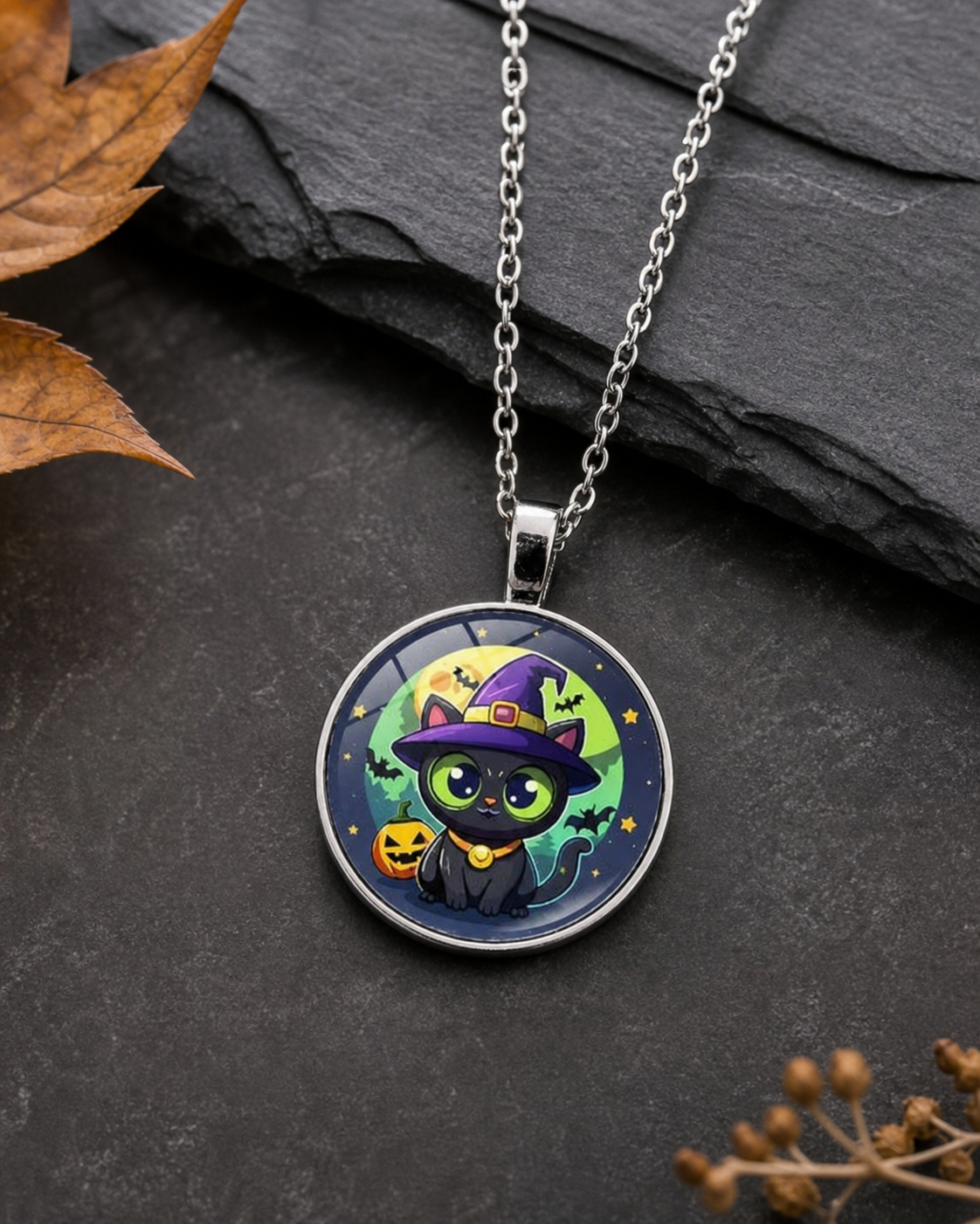 Halloween Black Cat Witch Necklace,Studio7Fashion