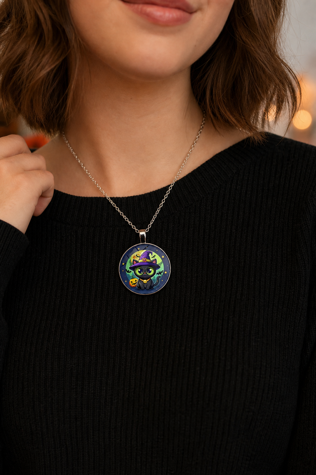 Halloween Black Cat Witch Necklace,Studio7Fashion