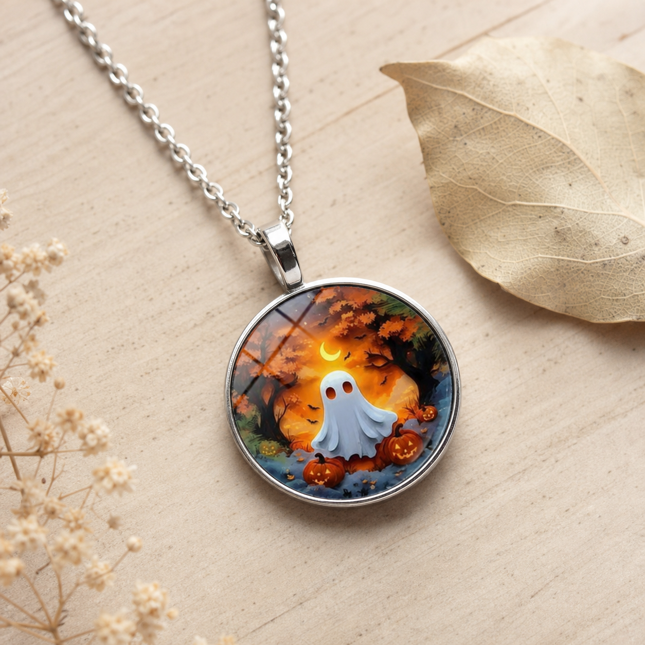 Halloween Ghost Pumpkin Scene Necklace,Studio7Fashion