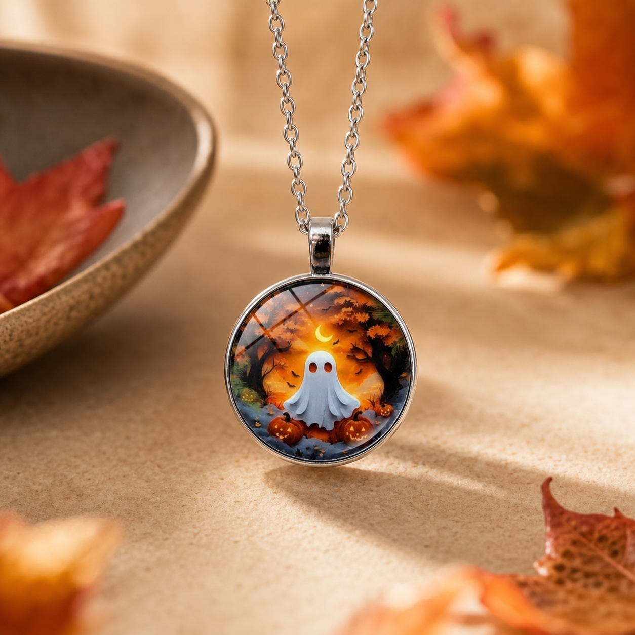 Halloween Ghost Pumpkin Scene Necklace,Studio7Fashion