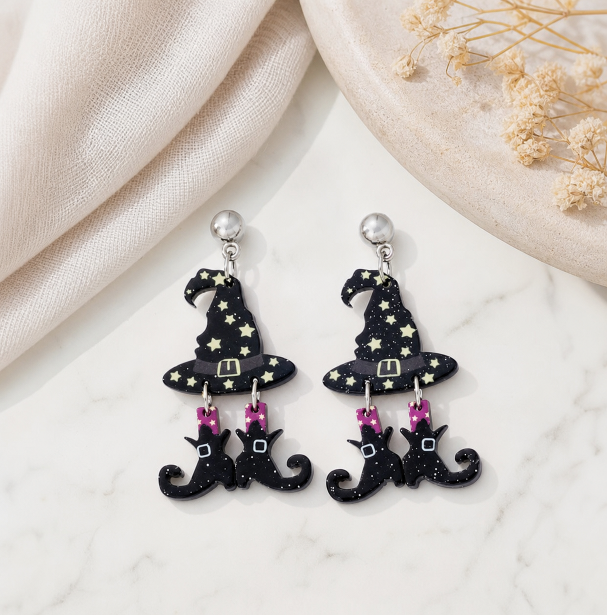 Witch Hat and Cat Dangle Earrings,Studio7Fashion