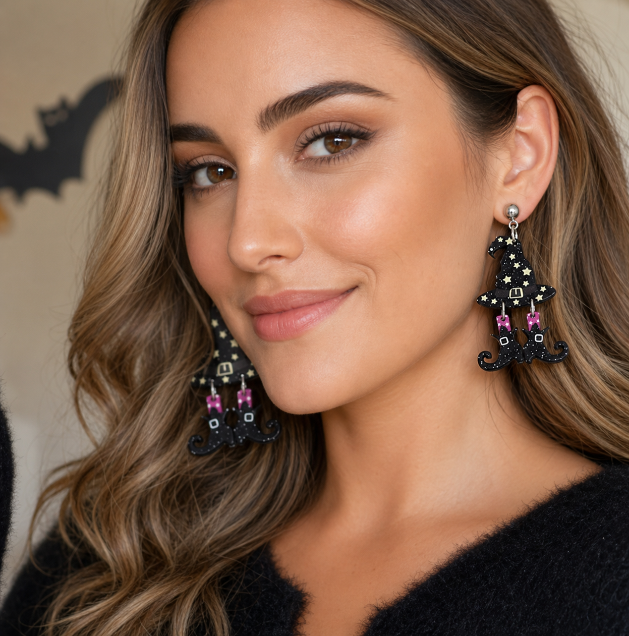 Witch Hat and Cat Halloween Dangle Earrings,Studio7Fashion