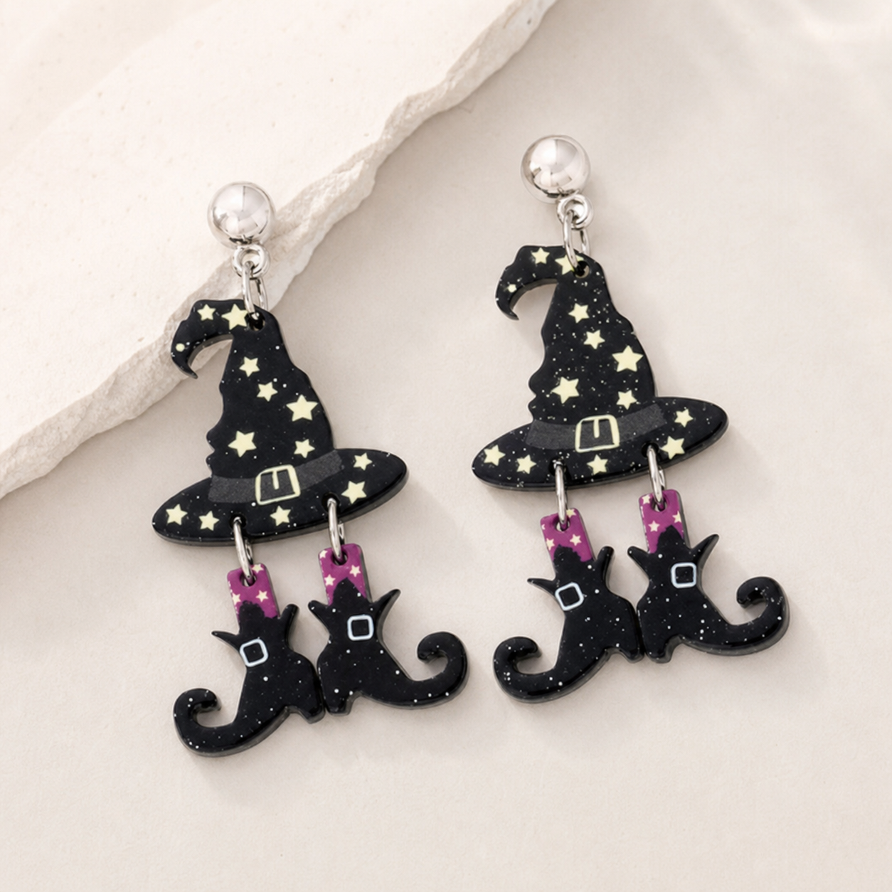 earrings, dangle earrings, Halloween jewelry, witch hat, black cat, witch earrings, fall accessories, seasonal jewelry, gift,Studio7Fashion