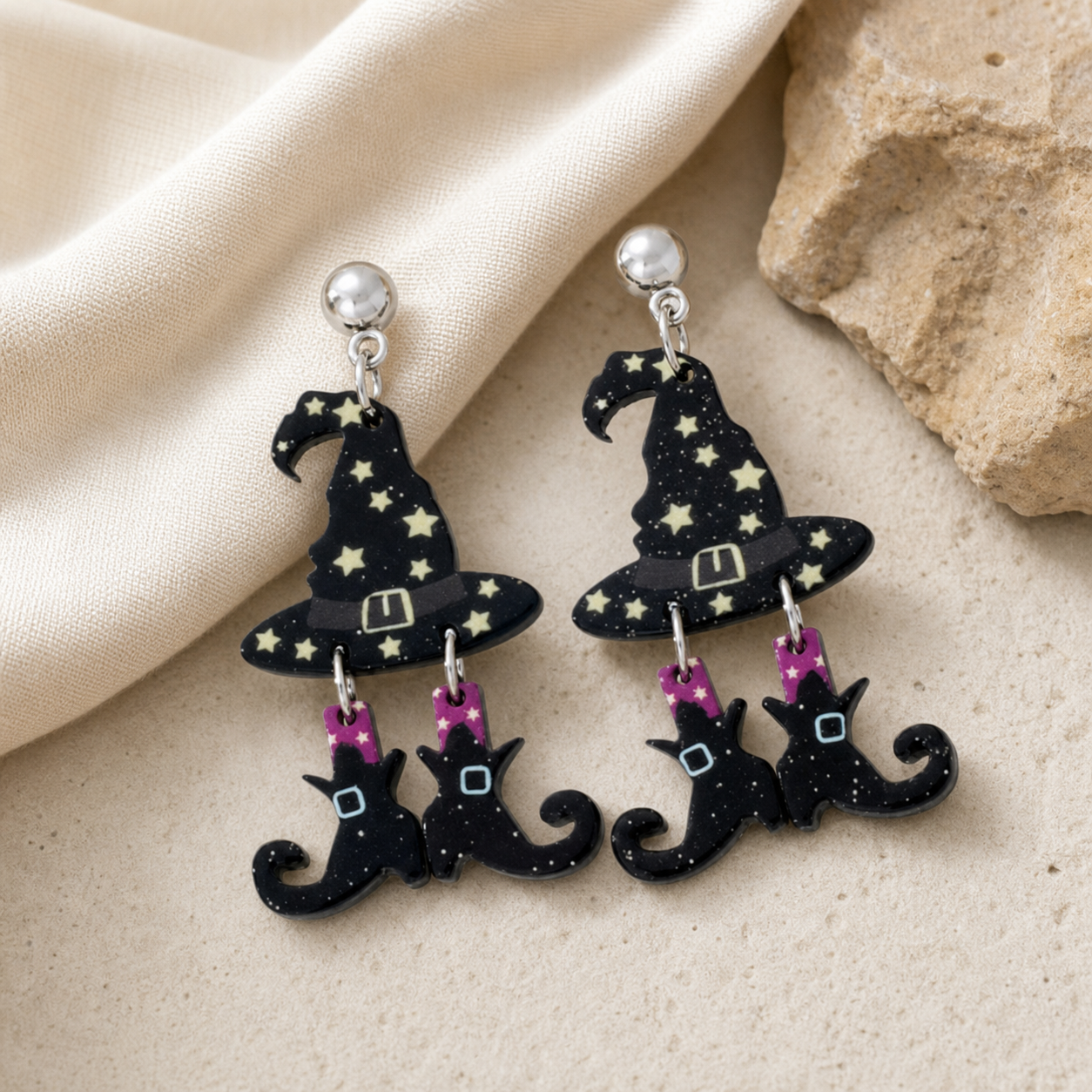 Witch Hat and Cat Dangle Earrings,Studio7Fashion