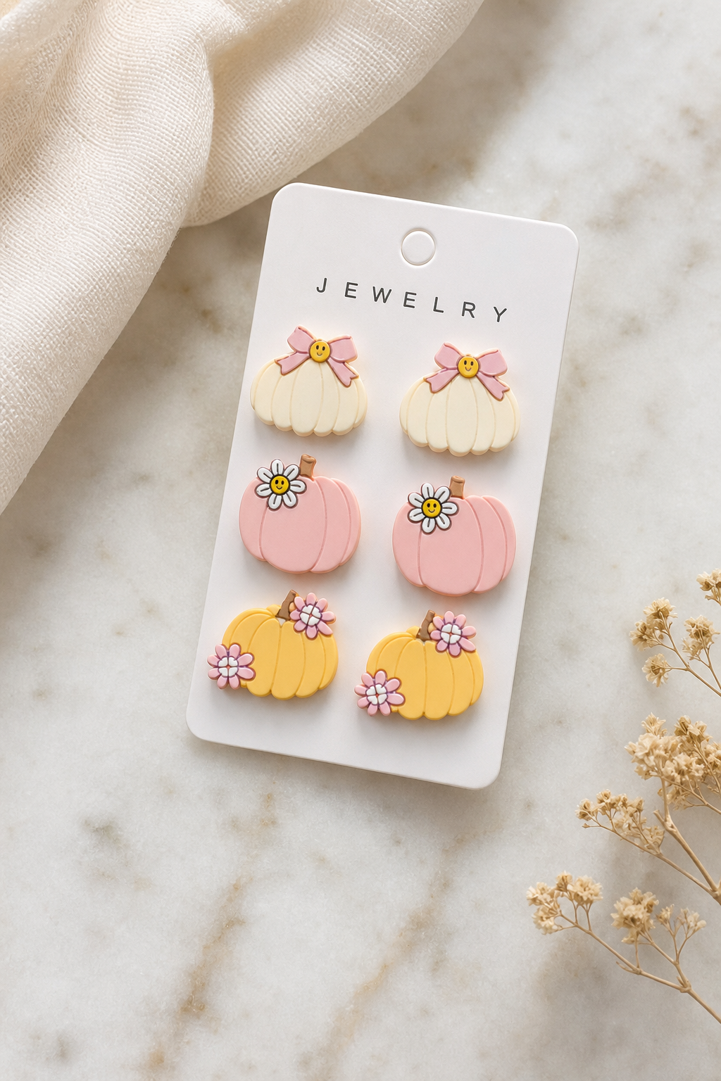 Floral Accent Earrings – Cream, Pink & Yellow Three-Pair Card,Studio7Fashion