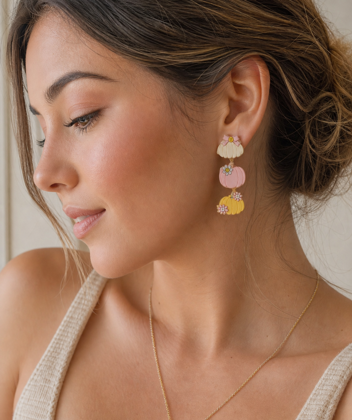 Floral Accent Earrings in Cream, Pink & Yellow,Studio7Fashion