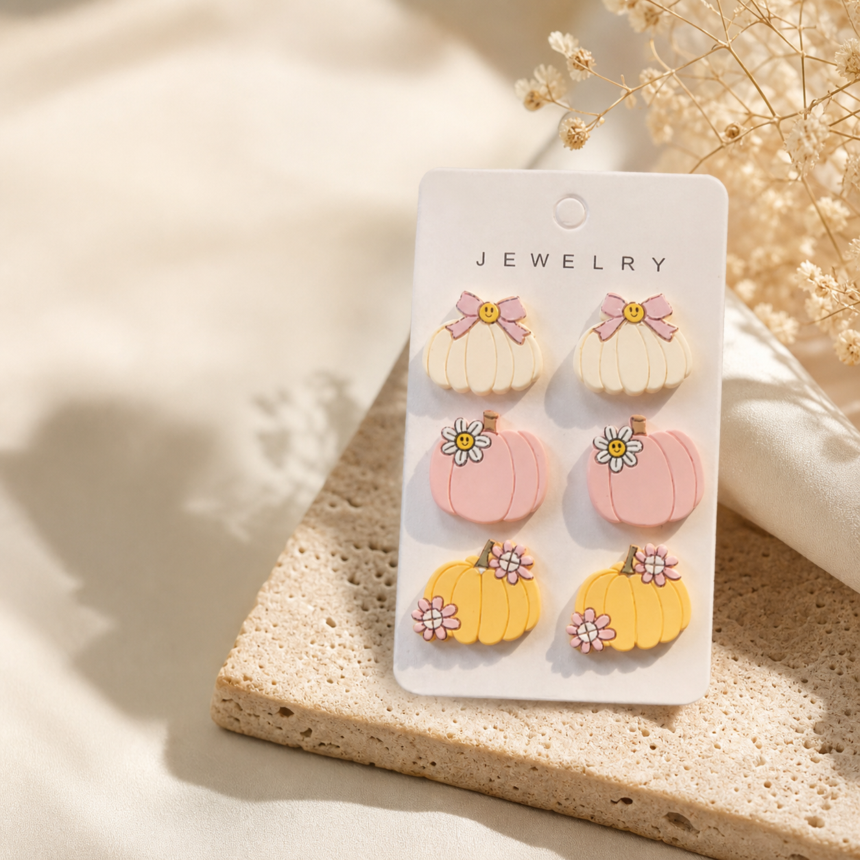 Floral Accent Earrings – Cream, Pink & Yellow Three-Pair Card,Studio7Fashion