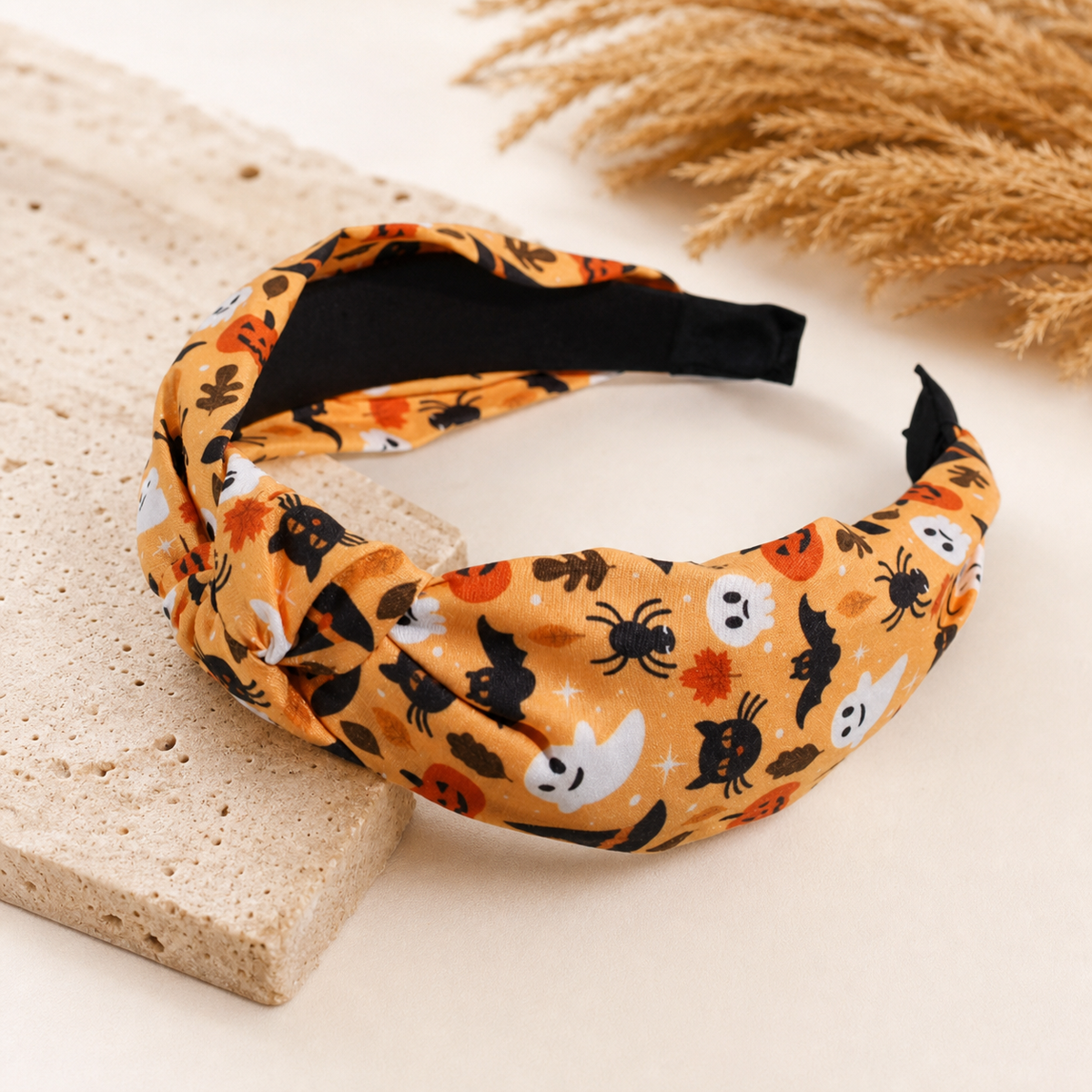 Orange Halloween Print Padded Hair Accessory Headband,Studio7Fashion